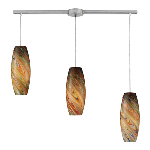 Vortex 3-Lt Linear Rainbow Satin Nickel Glass Vintage Fixture Mini Pendant