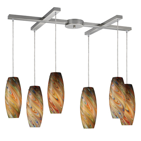 Vortex 6-Lt Rainbow Chand Satin Nickel Glass Vintage Fixture Ceiling Pendant