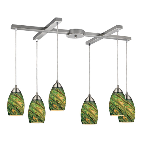 Mini Vortex 6- Light Satin Nickel Light Glass Vintage Fixture Ceiling Pendant