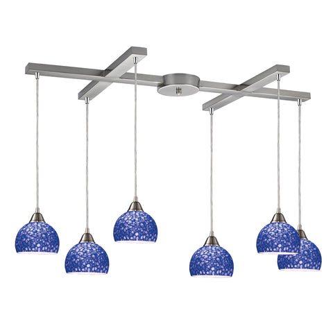 Cira 6-Light Satin Nickel and Pebbled Blue Glass Vintage Fixture Pendant