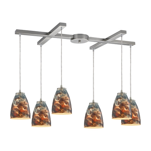 Abstractions 6 Light Satin Nickel Glass Vintage Fixture Ceiling Pendant