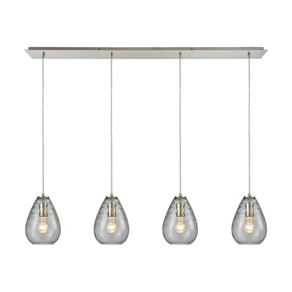 Lagoon 4-Light Linear Pan Satin Nickel with Clear Water Glass Pendant