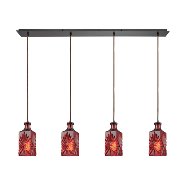 Giovanna 4-Light Linear Pan Oil Rubbed Bronze Wine Red Decanter Glass Pendant