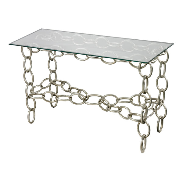 Sterling Silver Chain Metal & Glass Console Table (Silver with Clear Top)