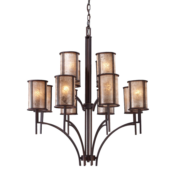 Barringer 8+4-Light Aged Bronze and Tan Mica Shades Light Vintage Chandelier
