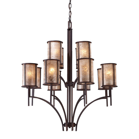 Barringer 8+4-Light Aged Bronze and Tan Mica Shades Light Vintage Chandelier