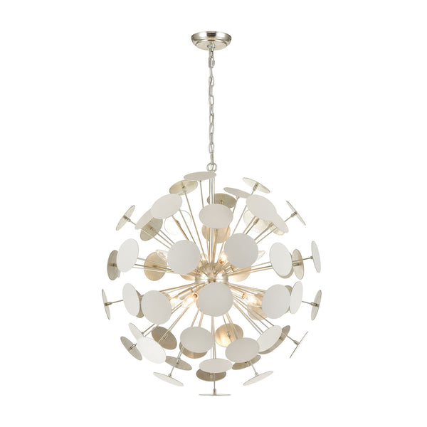 Modish 8-Light Matte White with White Discs Glass Vintage Fixture Pendant