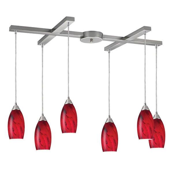 Galaxy 6Lt Red Chand Satin Nickel Light Glass Vintage Fixture Ceiling Pendant