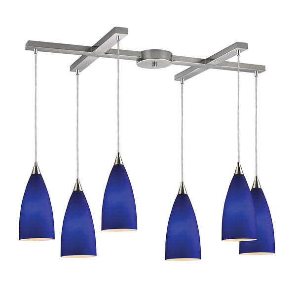 Vesta 6-Light Blue Satin Nickel Light Glass Vintage Fixture Ceiling Pendant
