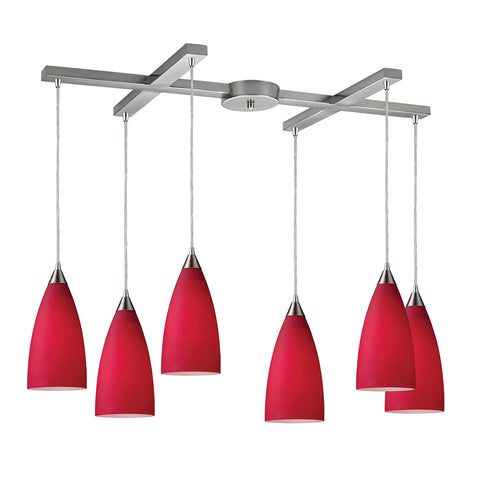 Vesta 6-Light Red Satin Nickel Light Glass Vintage Fixture Ceiling Pendant