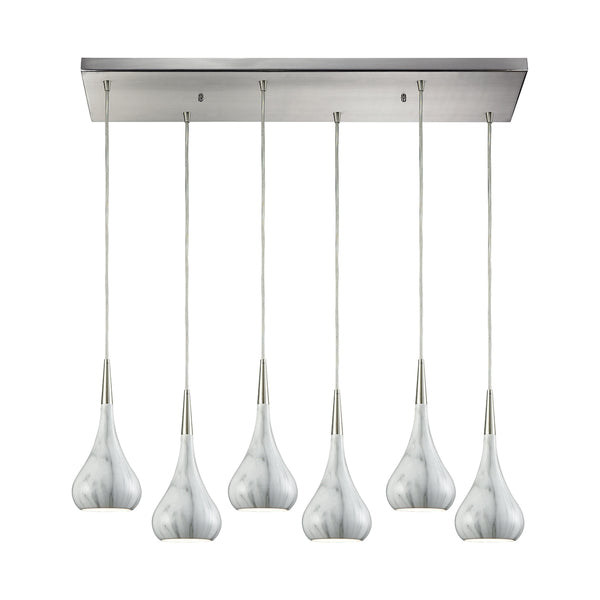 Lindsey 6 Light Rectangle Satin Nickel with Marble Print Shade Glass Pendant