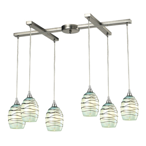 Vines Collection 6 light Satin Nickel Glass Vintage Fixture Ceiling Pendant