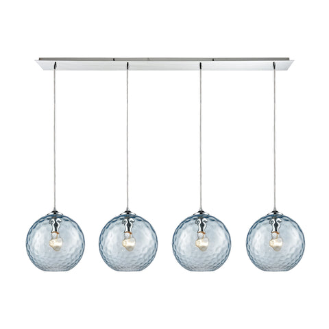 Watersphere 4 Light Linear Pan Polished Chrome with Aqua Hammered Glass Pendant
