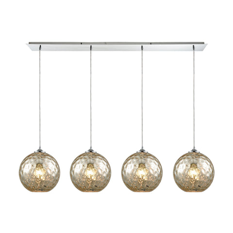 Watersphere 4 Light Linear Pan Polished Chrome Mercury Hammered Glass Pendant