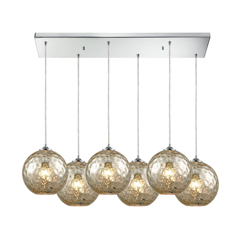 Watersphere 6 Light Rectangle Polished Chrome Mercury Hammered Glass Pendant