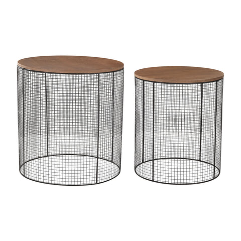 Sterling Metal Wire & Wood Side Tables – Set of 2 (Black & Walnut)