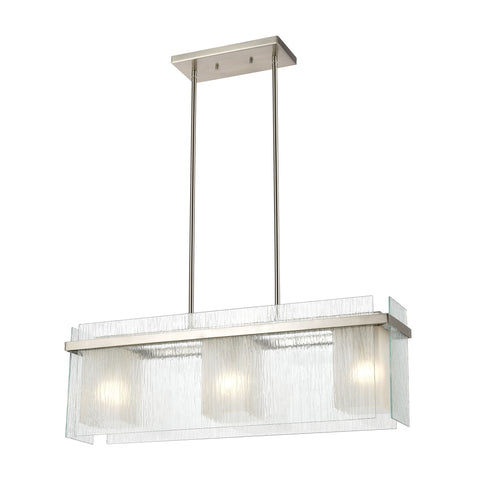 Vellis 3-Light Satin Nickel with Textured Clear and Frosted Glass Island Light