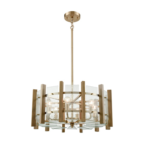 Vindalia 6-Light Satin Brass with Wood Slats and Curved Glass Light Chandelier