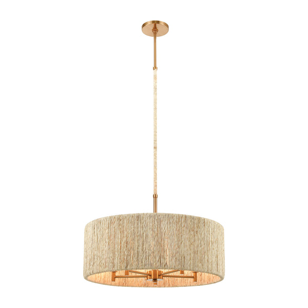 Abaca 5-Light Satin Brass with Abaca Rope Glass Vintage Fixture Ceiling Pendant