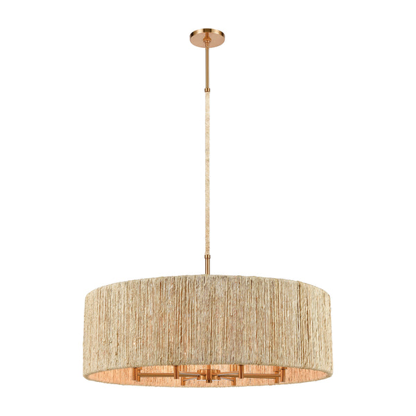 Abaca 8-Light Satin Brass with Abaca Rope Glass Vintage Fixture Ceiling Pendant