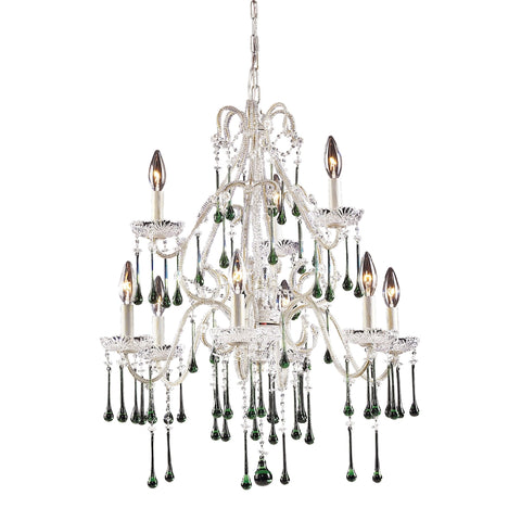Opulence 9-Light Antique White with Lime Crystals Light Vintage Chandelier