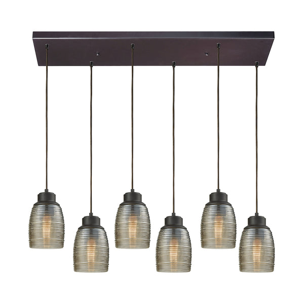 Muncie 6 Light Rectangle Oil Rubbed Bronze Champagne Plated Spun Glass Pendant