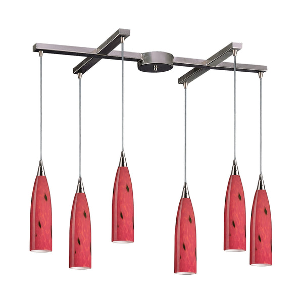 Lungo Collection 6 Lt H-Bar Fire Red Glass Vintage Fixture Ceiling Pendant