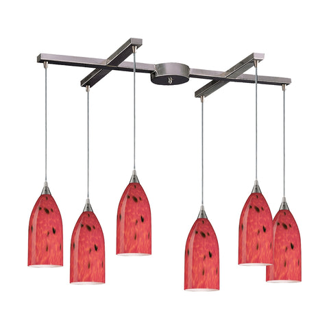 Verona Collection 6 Lt H-Bar Fire Red Glass Satin Nickel Light Vintage Pendant