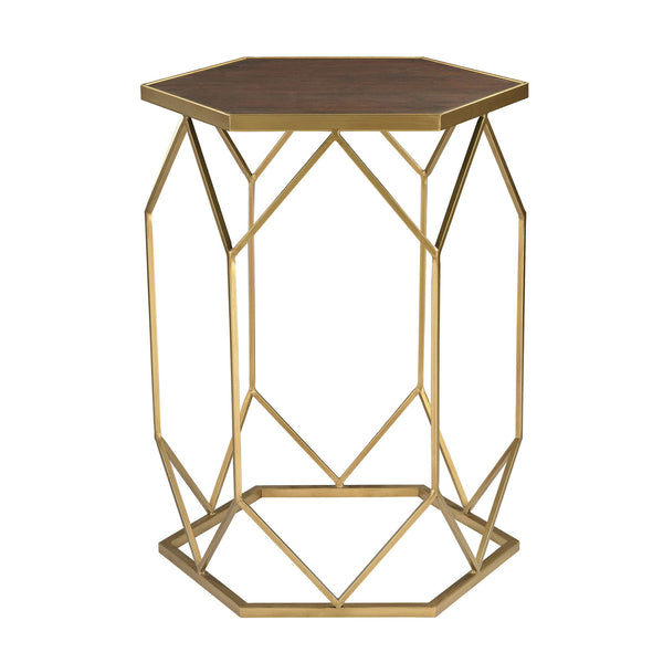 Sterling Hexagon Frame Metal & Wood Side Table (Gold & Walnut)