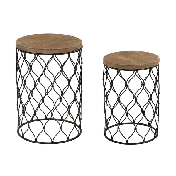 Sterling Wood & Meshwork Drum Tables – Set of 2 (Black & Natural Oak)