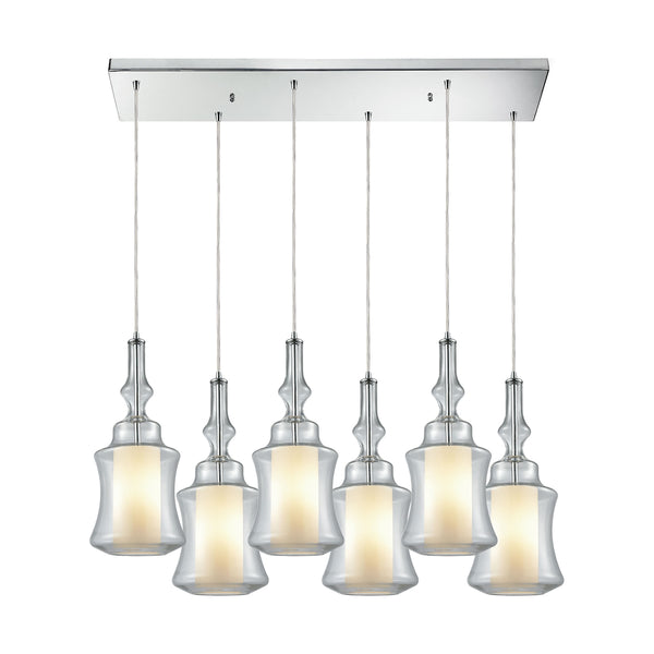 Alora 6 Light Rectangle Polished Chrome Opal White Glass Inside Clear Pendant