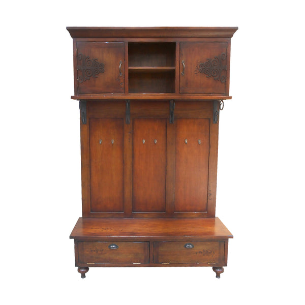 Scrolled Iron Hall Hand-Painted Wood Tone Vintage Dresser Credenza Cabinet
