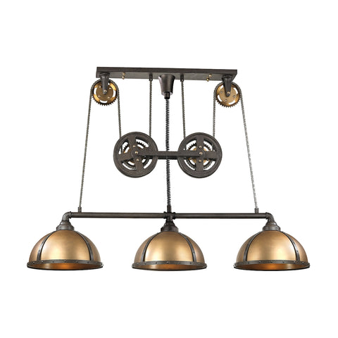 Torque 3 Light Vintage Rust and Brass Glass Vintage Fixture Ceiling Island Light