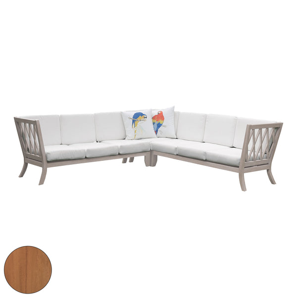 Hilton Outdoor Sectional Set Of 15 White Cushions Teak Fabric Dining Chairs