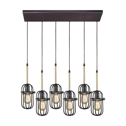 Binghamton 6 Light Rectangle Oil Rubbed Bronze and Satin Brass Glass Pendant