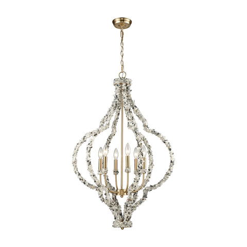 Agate Stones 6-Light Satin Brass with Agate Stone Wrapped Frame Light Chandelier