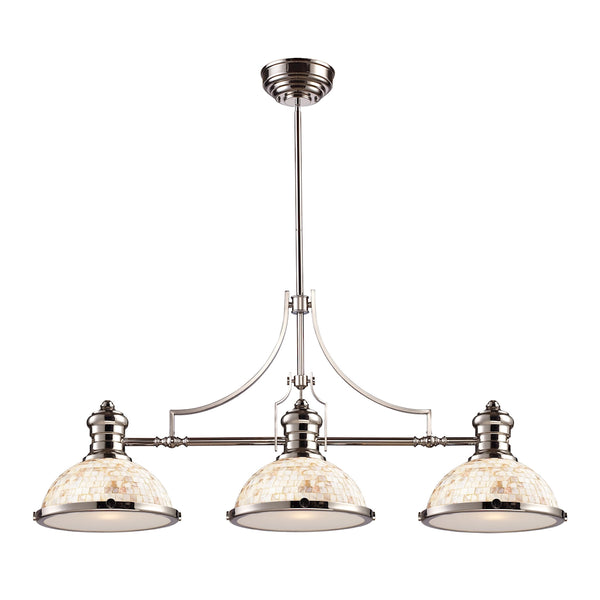 Chadwick 3-Light Billiard Light Cappa Shell Polished Nickel Glass Island Light