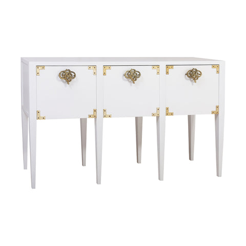 Cabbie High Gloss White Polished Brass Vintage Carved Console Table Desk